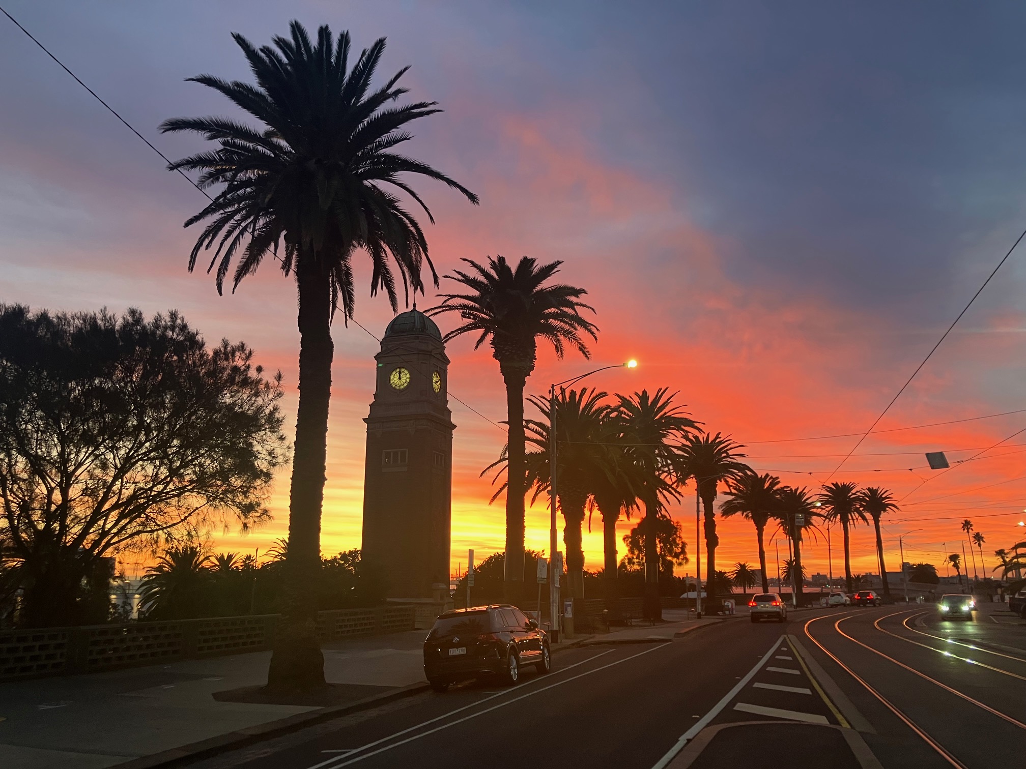 A vivid sunset, with bright red and yellows leaking onto a dusky sky. Silhouetted agaunst the colours are a row of palm trees, receding into the left of the photo, with a clock tower standing between and slightly behind the first two.